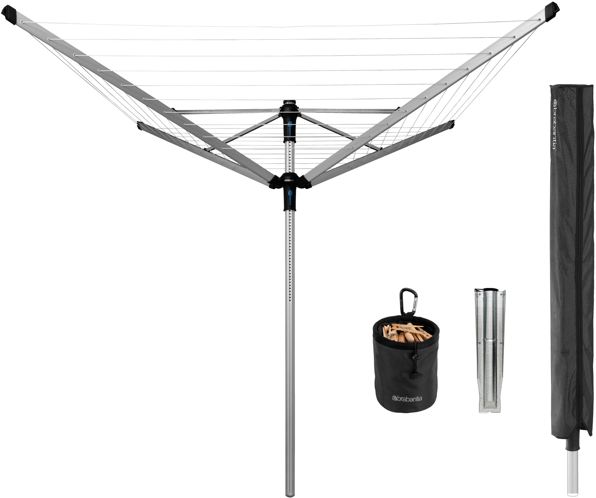 Brabantia Rotary Dryer Lift-O-Matic Advance kerti ruhaszárító 60m, forgatható, D=50mm, ultra könnyen állítható magasság, földbe szúrható, védőzsák, csipesztartó, metál szürke - 117145