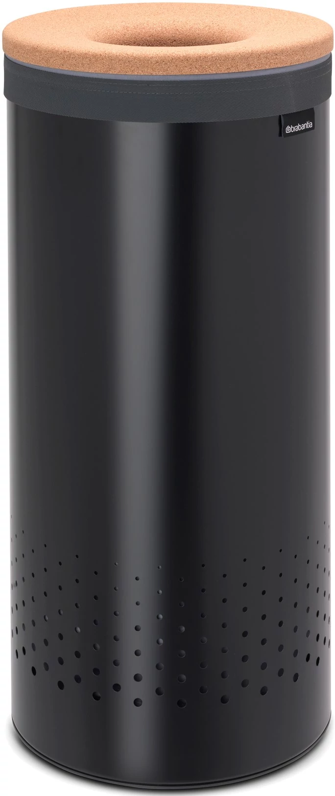 Brabantia Laundry Bin szennyestartó szellőző nyílásokkal, tépőzáras, mosható szennyesgyűjtő zsák, henger forma, közepes méret 35L, parafa fedő, acél, matt fekete - 120008