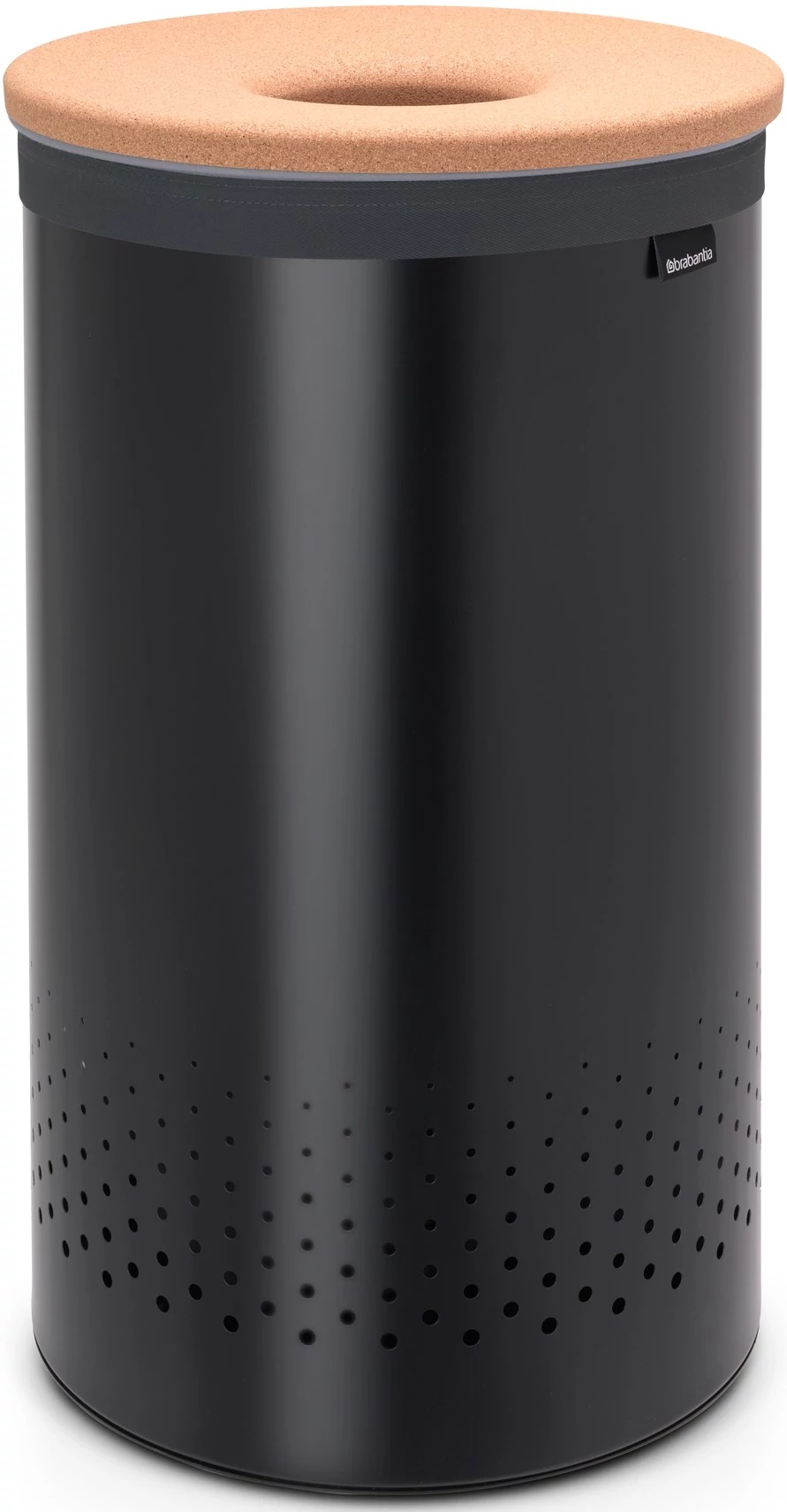 Brabantia Laundry Bin szennyestartó szellőző nyílásokkal, tépőzáras, mosható szennyesgyűjtő zsák, henger forma, nagy méret 60L, parafa fedő, acél, matt fekete - 120022