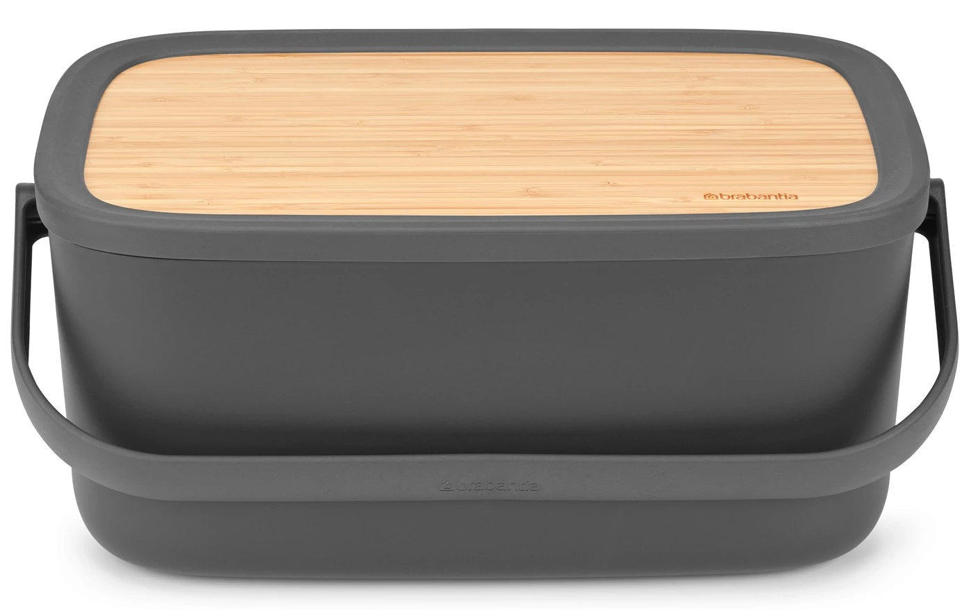 Brabantia Nic Bread Bin hordozható piknik kenyértartó vágódeszkaként használható bambusz fedővel, PP műanyag, sötétszürke - 128264