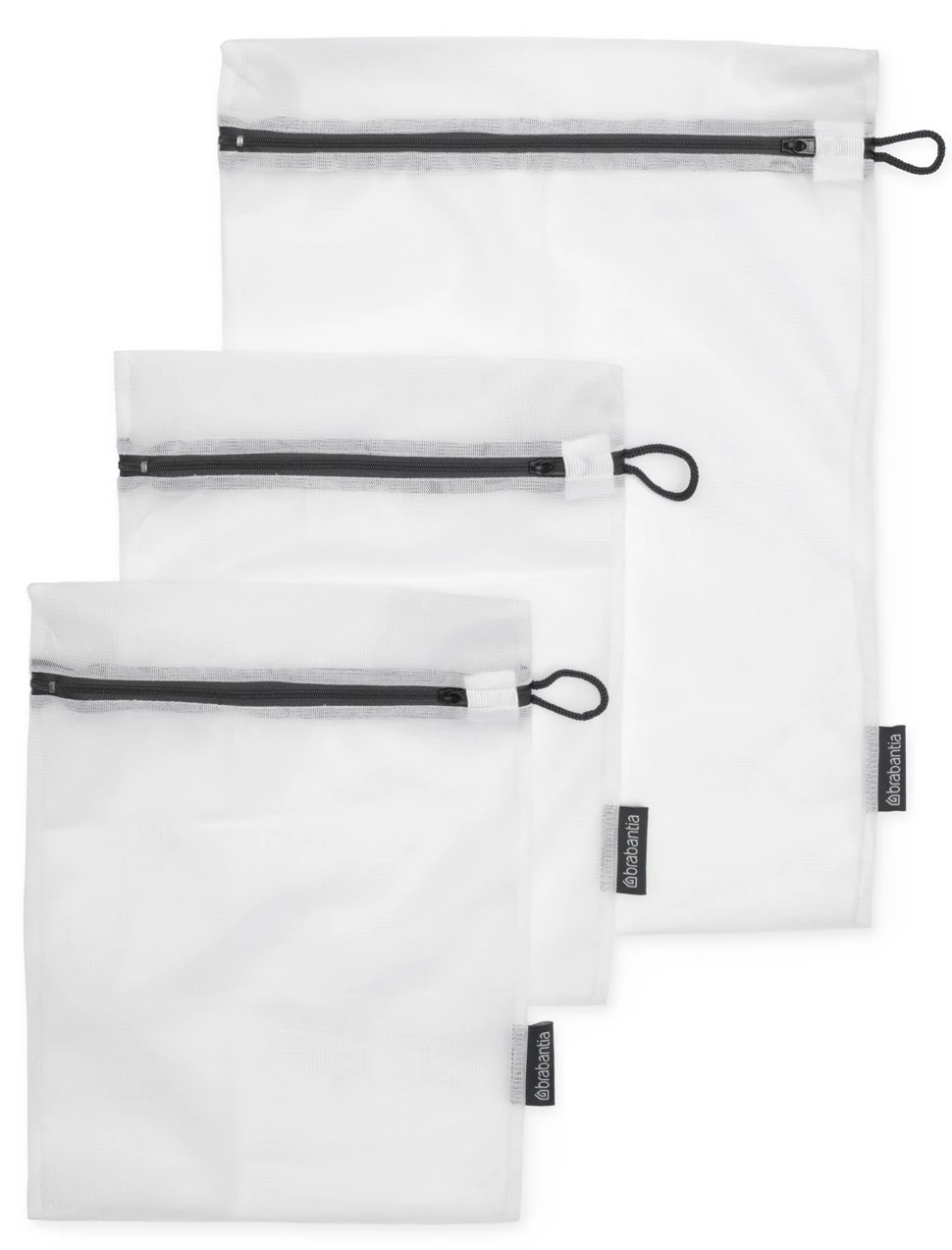 Brabantia Wash Bag, 3 db-os mosózsák készlet, 2 db kisméretű 330x250mm és 1db nagyméretű 450x330mm cipzáras zsák, fehér zsák / sötétszürke cipzár - 149221