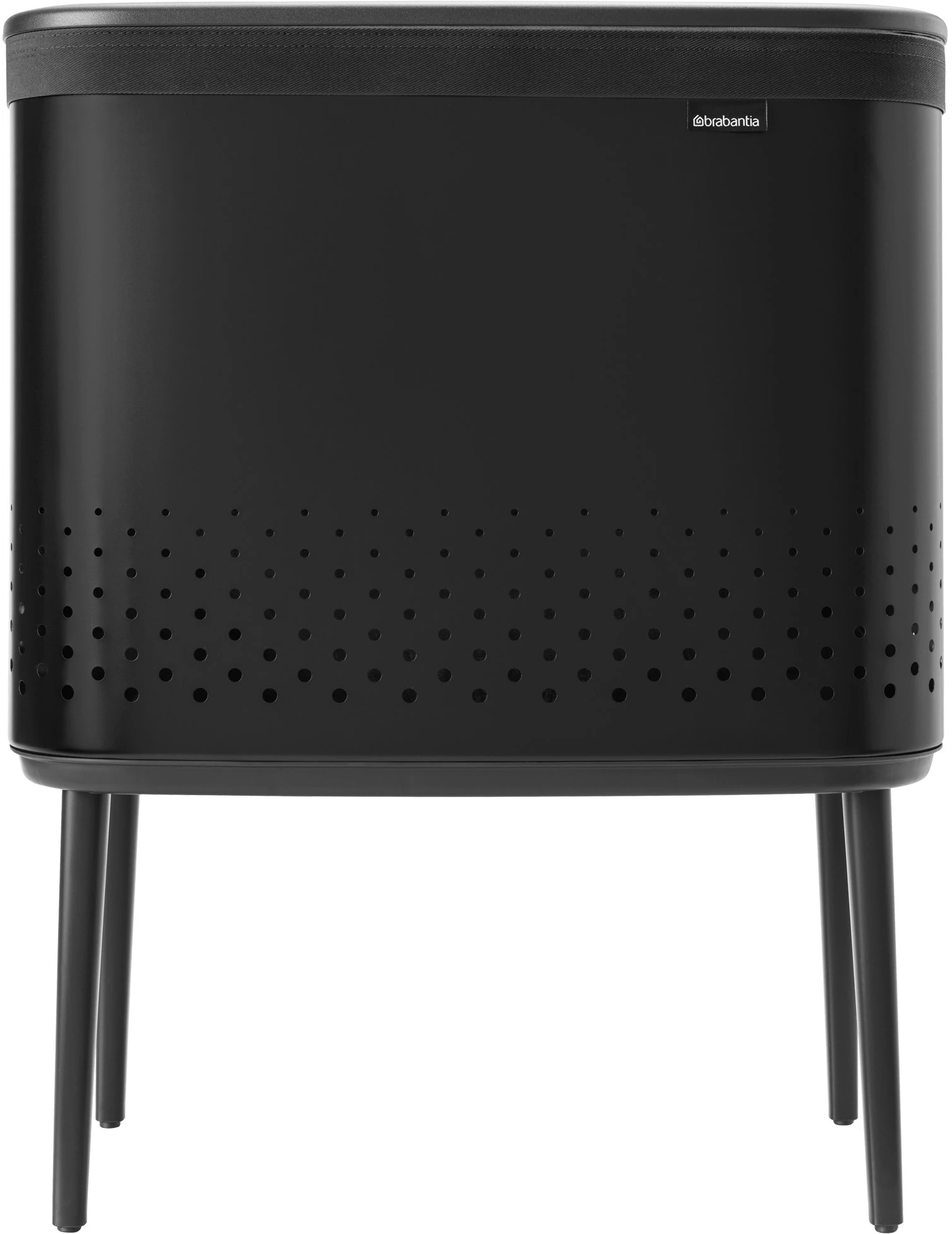 Brabantia Bo Laundry Bin lábakon álló szennyestartó szellőző nyílásokkal, tépőzáras, mosható szennyesgyűjtő zsák, Bo forma, nagy méret 60L, acél, matt fekete - 200526
