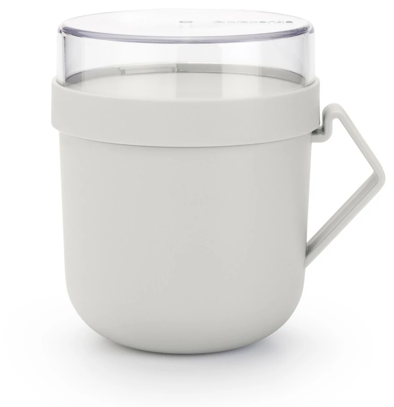 Brabantia Make - Take Soup Mug leveses bögre, 600 ml, hőálló fogantyú, beépített gőzkieresztő szelep, felső tárolórekesz, szivárgás- és légmentes záródás, BPA mentes műanyag, világosszürke - 203848