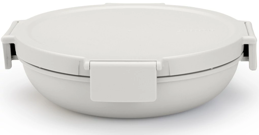 Brabantia Make - Take Lunch Bowl ételhordozó doboz, 1000 ml, szivárgás- és légmentes záródás, bepattintós (clip-on) zárómechanizmus, lapos - kerek forma, BPA mentes műanyag, világosszürke - 206184