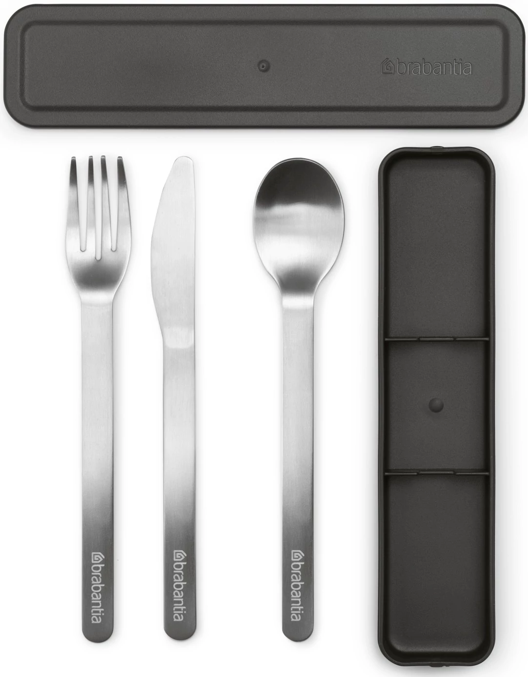 Brabantia Make - Take Cutlery Set komplett utazó evőeszköz készlet, 3db-os szett, r.m. acél, műanyag tok, BPA mentes, selyem matt/sötétszürke - 204203