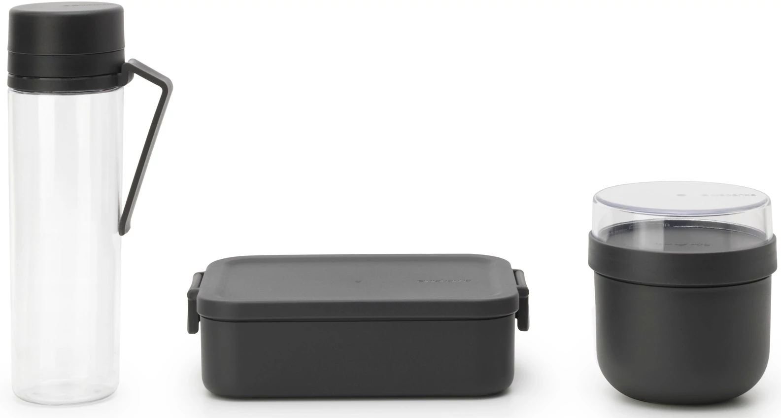 Brabantia Make - Take Breakfast and Lunch Set 3db-os szett, vizes palack + reggeliző tál + közepes méretű ételhordozó doboz, BPA mentes műanyag, sötétszürke - 206740
