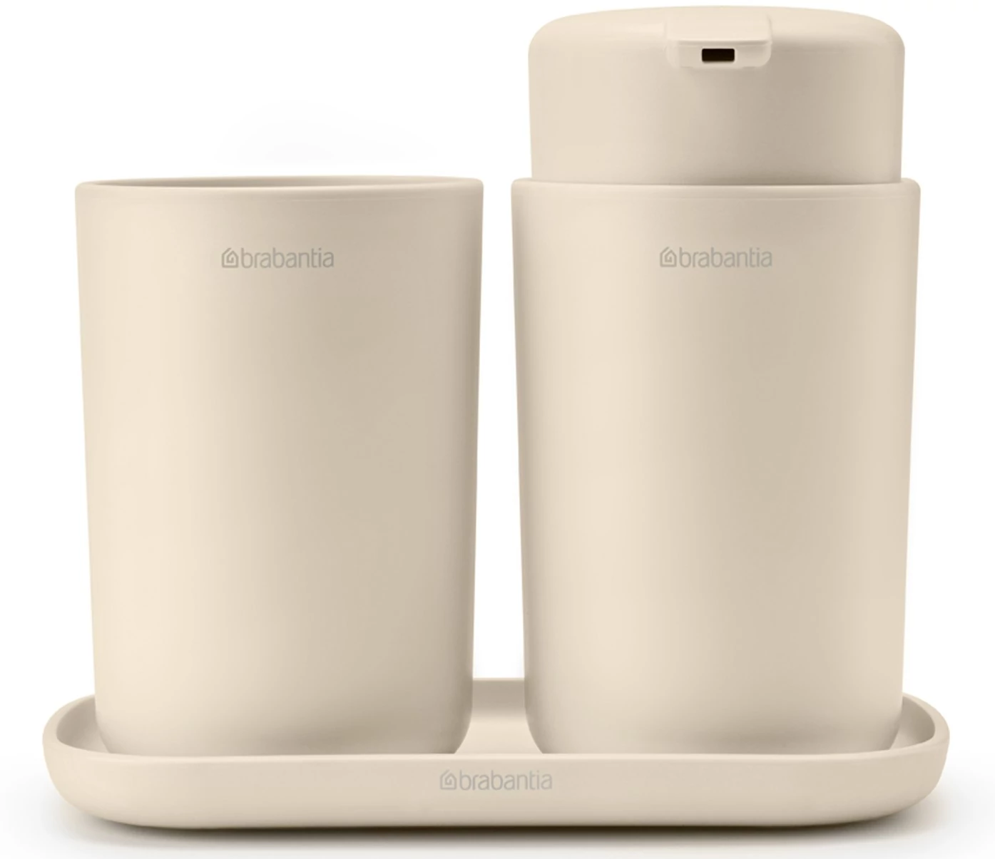 Brabantia ReNew 3db-os fürdőszobai pipere csomag - pumpás folyékonyszappan adagoló, fogkefetartó, pipere tálca, műanyag, világos bézs - 223402