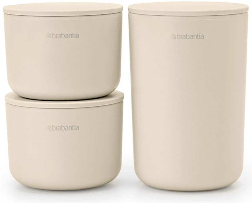 Brabantia ReNew 3db-os kozmetikai rendszerező, tároló szett, egymásra halmozgató 2db kicsi kehely és 1db pohár fedővel, műanyag, világos bézs - 223501