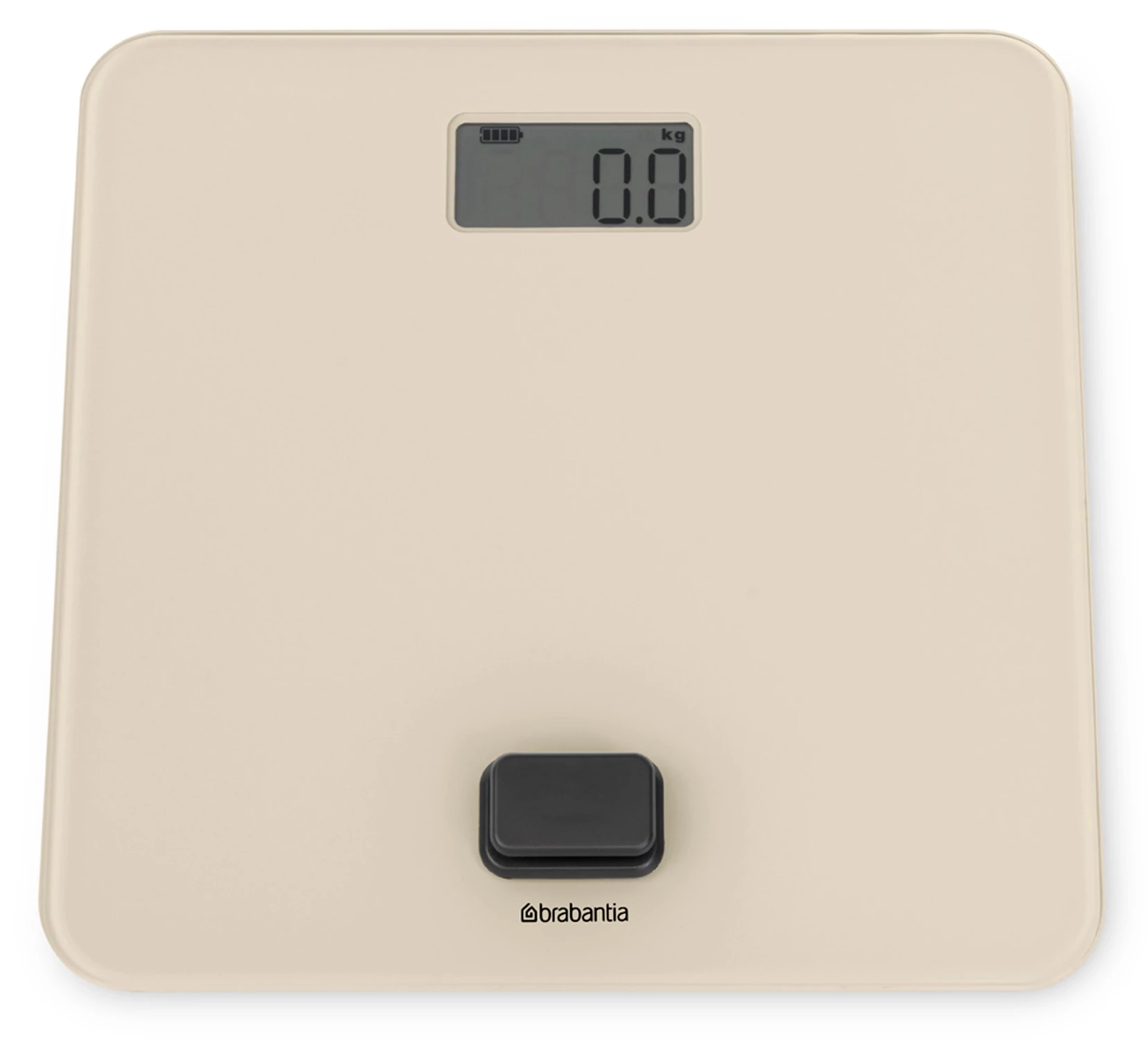 Brabantia ReNew elemmentes fürdőszobai mérleg, 5-150kg között, 0,1kg pontossággal mér, nagy LED kijelzővel, dimanóval tölthető, műanyag test, üveg fedlap, világos bézs - 223525