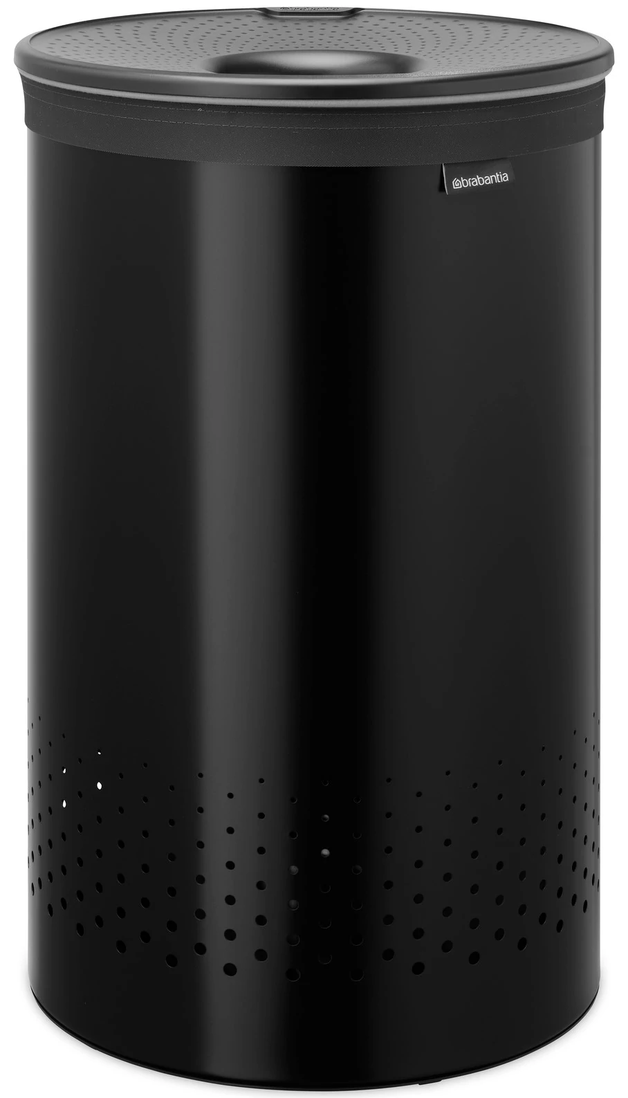 Brabantia Laundry Bin szennyestartó szellőző nyílásokkal, tépőzáras, mosható szennyesgyűjtő zsák, henger forma, nagy méret 60L, műanyag fedő, acél, sötétszürke - 242380