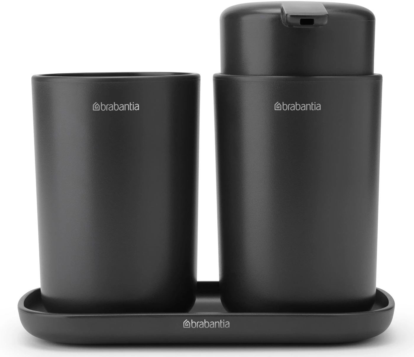 Brabantia ReNew 3db-os fürdőszobai pipere csomag - pumpás folyékonyszappan adagoló, fogkefetartó, pipere tálca, műanyag, sötétszürke - 280368