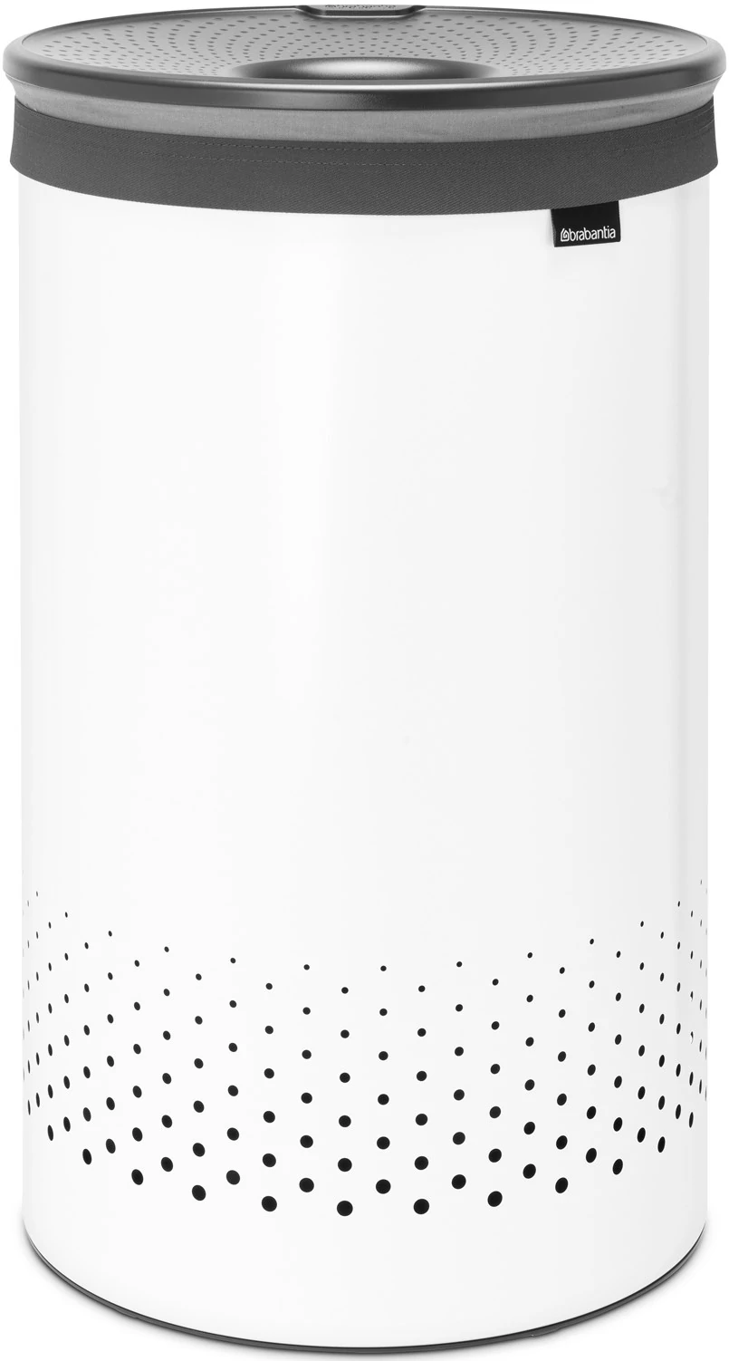 Brabantia Laundry Bin szennyestartó szellőző nyílásokkal, tépőzáras, mosható szennyesgyűjtő zsák, henger forma, nagy méret 60L, műanyag fedő, acél, fehér - 304880