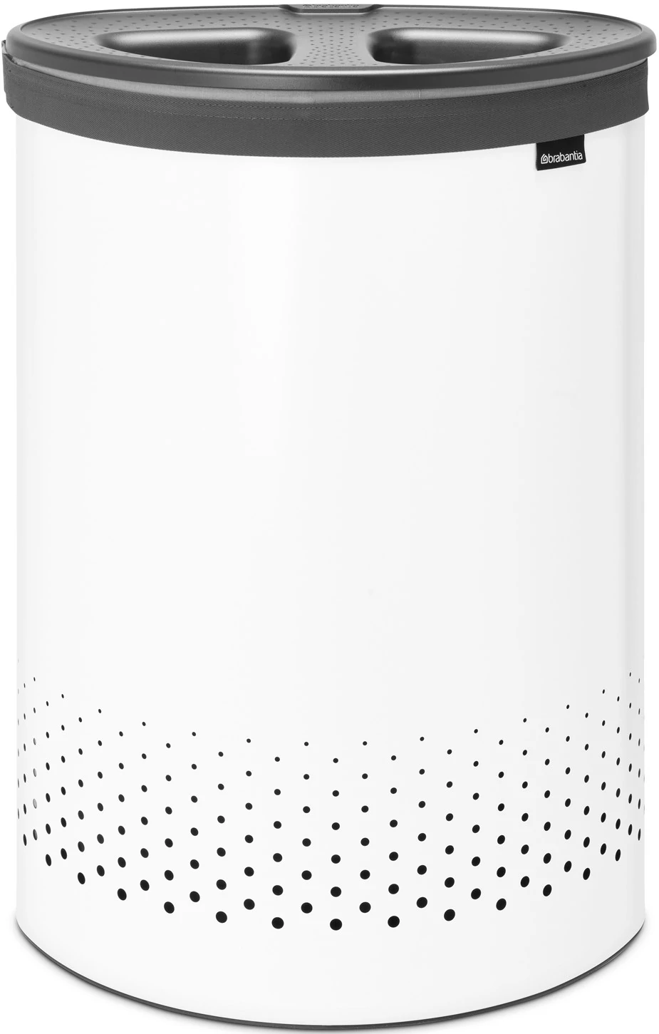 Brabantia Laundry Bin Selector szennyestartó szellőző nyílásokkal, 2 részes tépőzáras szennyesgyűjtő zsák, ovális forma, nagy méret 55L (2x27,5L), műanyag fedő, acél, fehér - 304903
