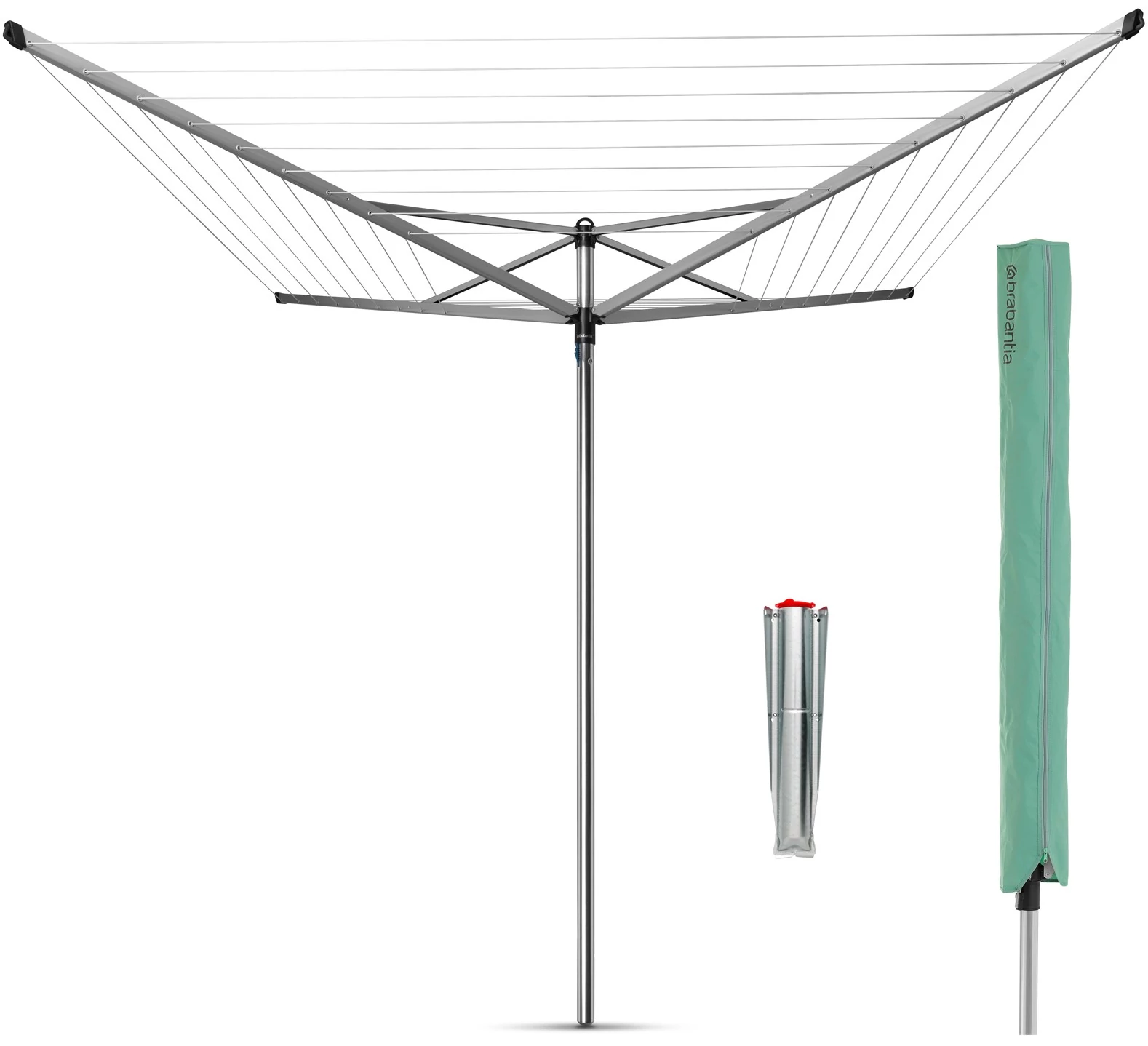 Brabantia Rotary Topspinner kerti ruhaszárító 50m, UV-álló, forgatható, D=45mm, rögzítése földbe szúrható fém konzollal, időjárásálló védőzsákkal, metál szürke - 310829