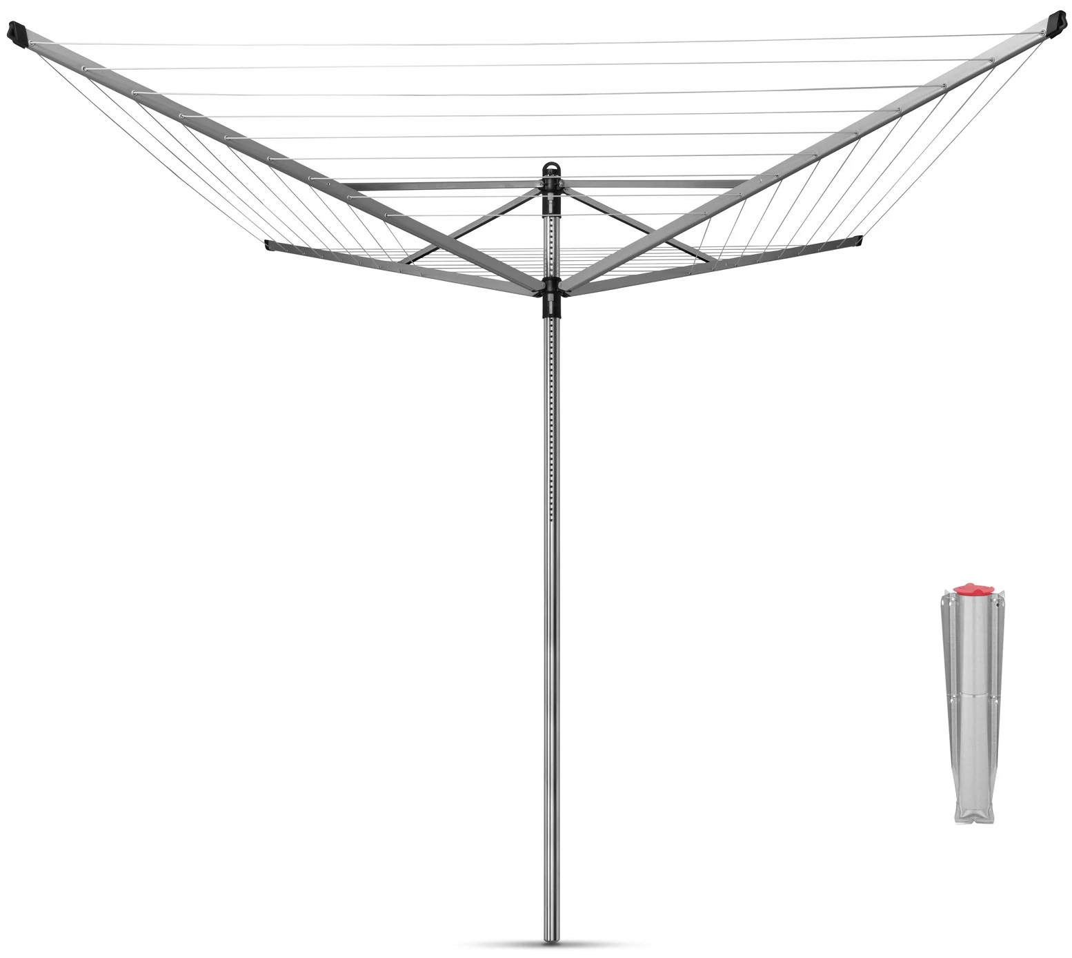 Brabantia Rotary Dryer Lift-O-Matic kerti ruhaszárító 40m, UV-álló, forgatható, D=45mm, állítható magasság, rögzítése földbe szúrható fém konzollal, metál szürke - 310928