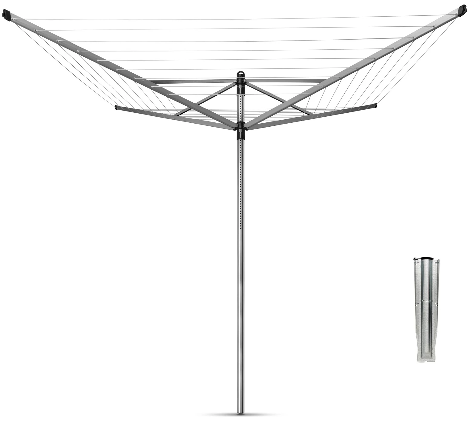 Brabantia Rotary Dryer Lift-O-Matic kerti ruhaszárító 50m, UV-álló, forgatható, D=45mm, állítható magasság, rögzítése földbe szúrható fém konzollal, metál szürke - 310942