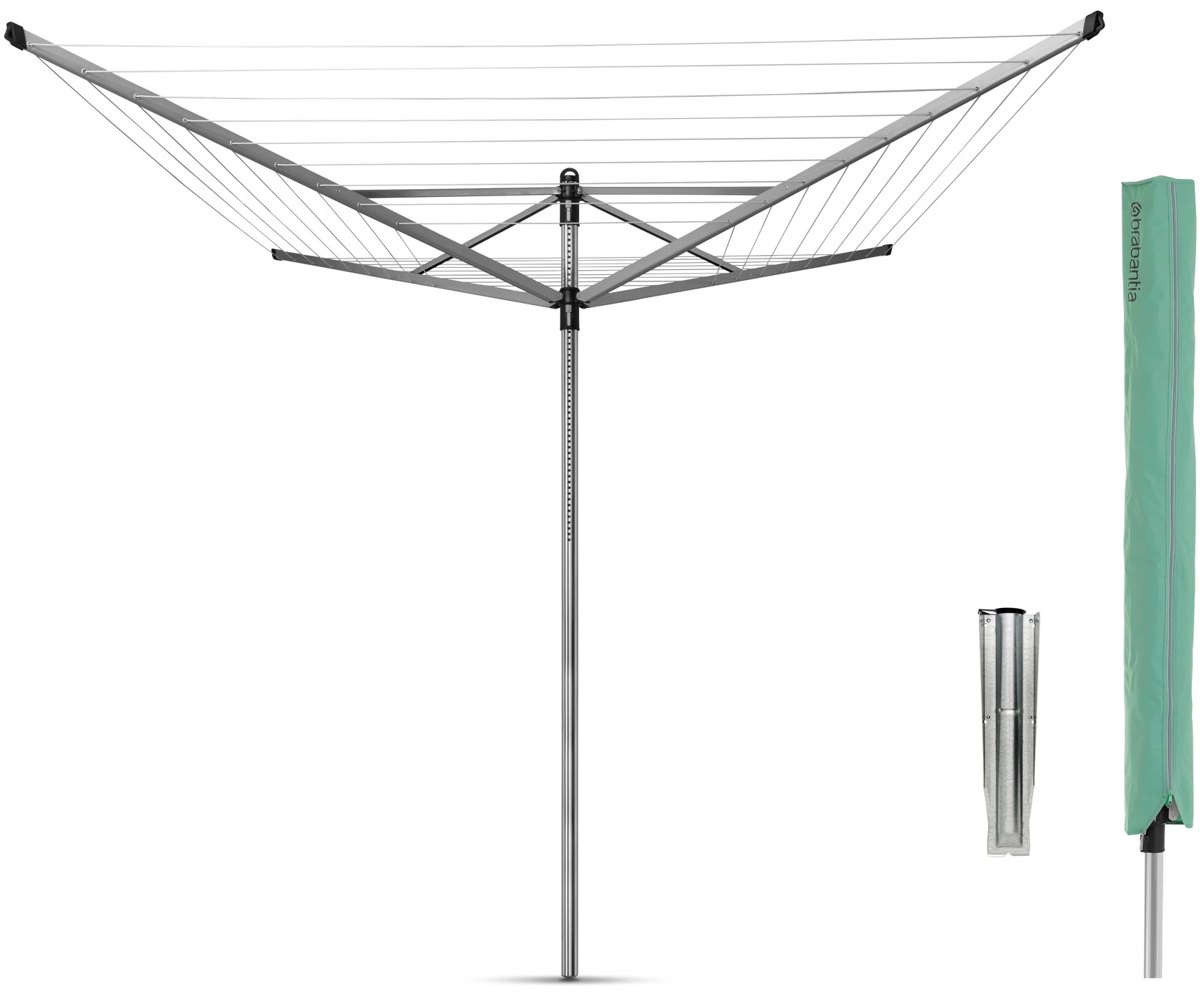 Brabantia Rotary Dryer Lift-O-Matic kerti ruhaszárító 50m, UV-álló, forgatható, D=45mm, állítható magasság, rögzítése földbe szúrható fém konzollal, védőzsákkal, metál szürke - 310966