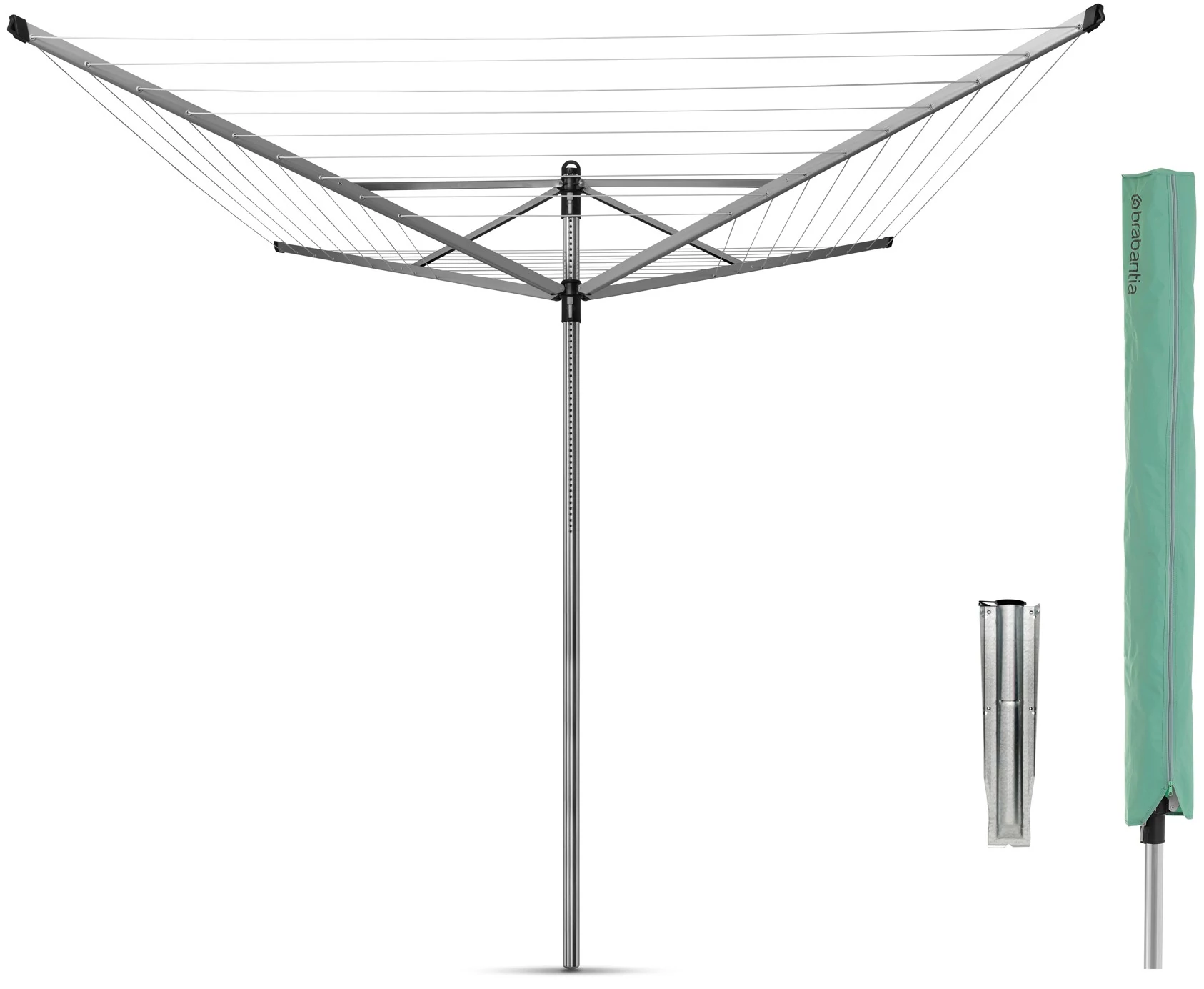 Brabantia Rotary Dryer Lift-O-Matic kerti ruhaszárító 60m, forgatható, D=45mm, állítható magasság, rögzítése földbe szúrható fém konzollal, védőzsákkal, metál szürke - 311048