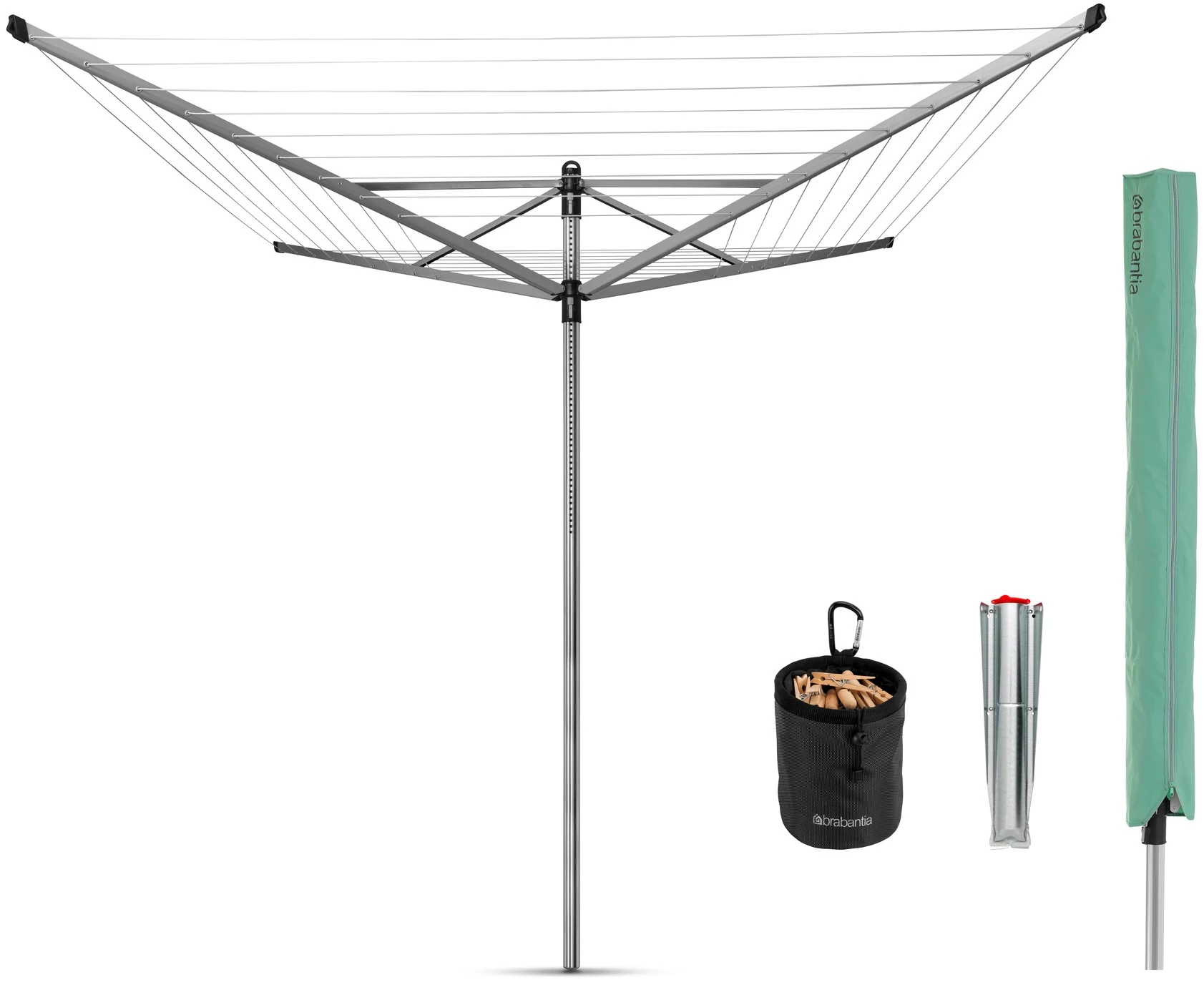 Brabantia Rotary Dryer Lift-O-Matic kerti ruhaszárító 50m, UV-álló, forgatható, D=45mm, állítható magasság, rögzítése földbe szúrható fém konzollal, védőzsákkal, csipesztartóval, metál szürke - 311321