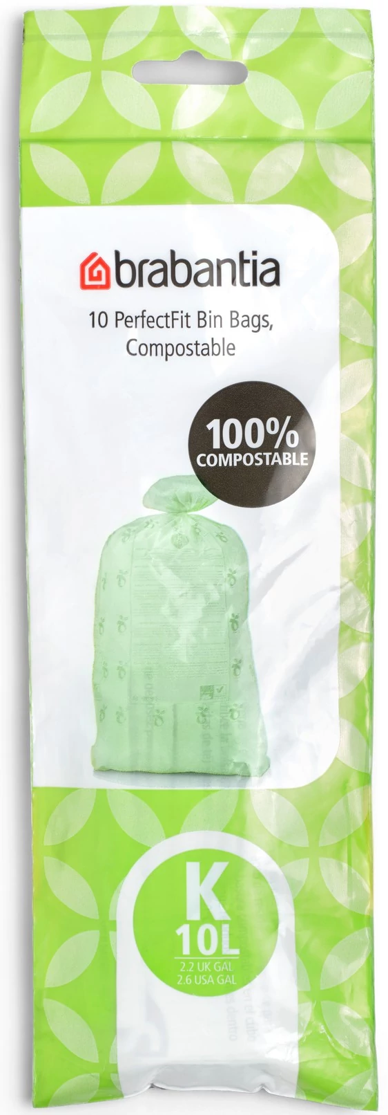 Brabantia PerfectFit Compostable komposztálható szemeteszsák, 100%-ban lebomló, keményítőből készült, K méret, 10L, 10 zsák/tekercs - 364983