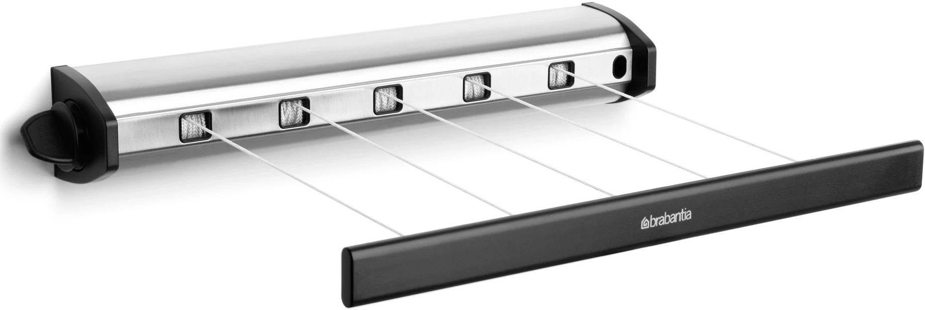 Brabantia Pull-Out Drying Lines kihúzható fali ruhaszárító kompakt, 2 fal közé rögzítendő, 5 zsinóros szárítókötéllel, 12.5kg teherbírás, r.m. acél selyem matt/fekete - 385766