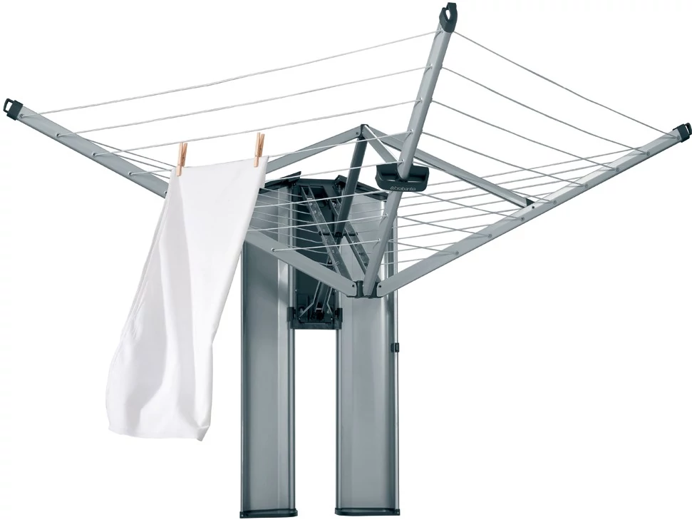 Brabantia Wallfix Dryer fali rögzítésű, összecsukható kültéri ruhaszárító, 24 méter szárítási felület - 4 kar, UV-álló szárítókötél, időjárásálló, zárható acél kabinettel, metál szürke - 475924