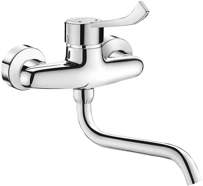 DELABIE fali mosogató csaptelep hosszú keverőkarral, lengő kifolyóval, L=200mm, ipari vízátfolyás, 26L/p