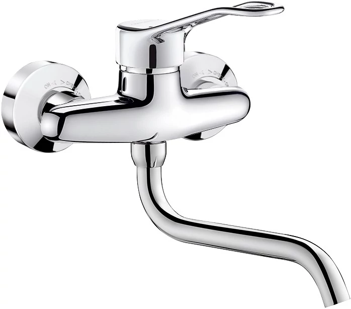 DELABIE fali mosogató csaptelep lyukas keverőkarral, lengő kifolyóval, L=200mm, STOP/CHECK takarótárcsákkal, ipari vízátfolyás, 26L/p