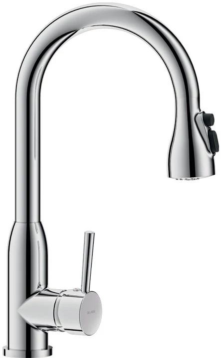 DELABIE álló mosogató csaptelep hattyúnyakú lengő kifolyóval, kihúzható fejjel, vízsugár, vagy zuhany mód, H=408mm, L=200mm, 5L/p