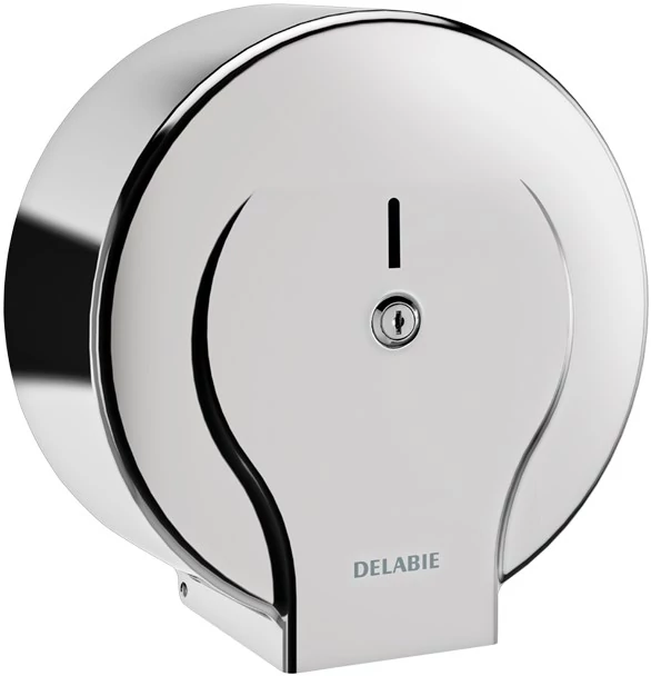 DELABIE vandálbiztos nagytekercses WC-papír adagoló L=400m/D=270mm JUMBO MAXI tekercshez, hézagmentes, egyrészes test, r.m. acél, fényes