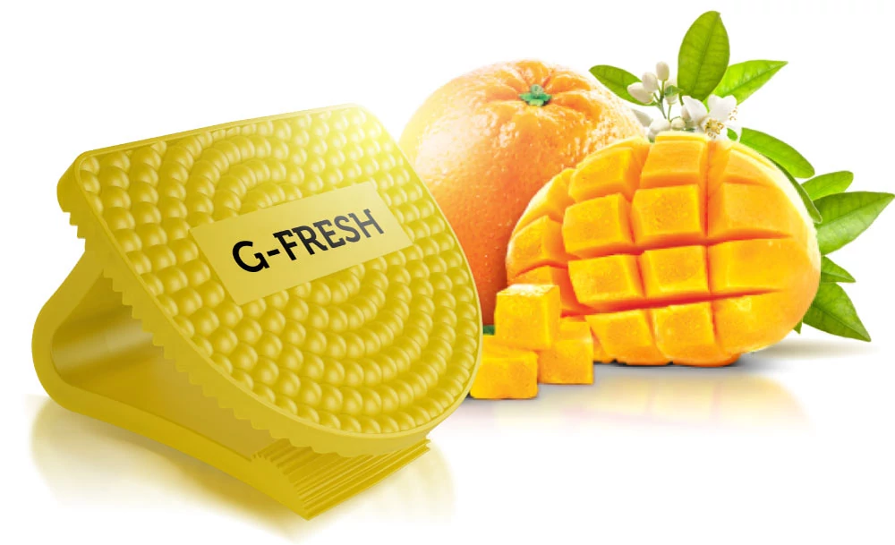 G-FRESH Citrus Mango - citrus-mangó illatú illatosító párna CLIP-es akasztóval, flexibilis fül, újrahasznosítható EVA műanyag, 30 napos