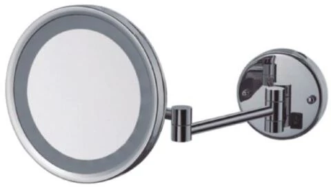 Szállodai kozmetikai pipere tükör LED fénnyel, 3x-os nagyítással, 250 mm átmérőjű dönthető tükörrel, kihajtható, kerek forma, sárgaréz, krómozott fényes borítással
