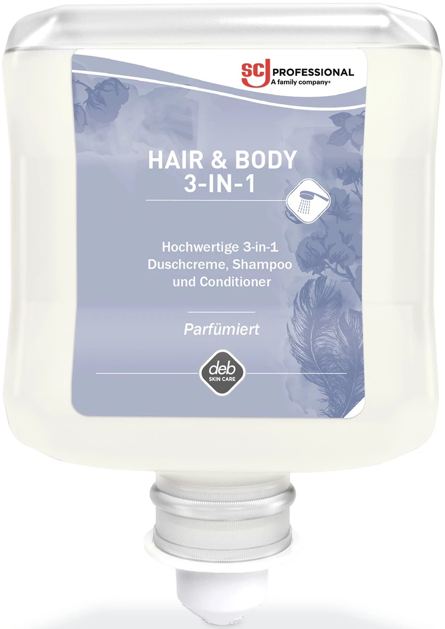 SCJP Hair - Body 3-in-1 szappanmentes luxus krémtusfürdő, sampon és kondícionáló, unisex virág illat, Proline manuális adagolóhoz, 1L patron