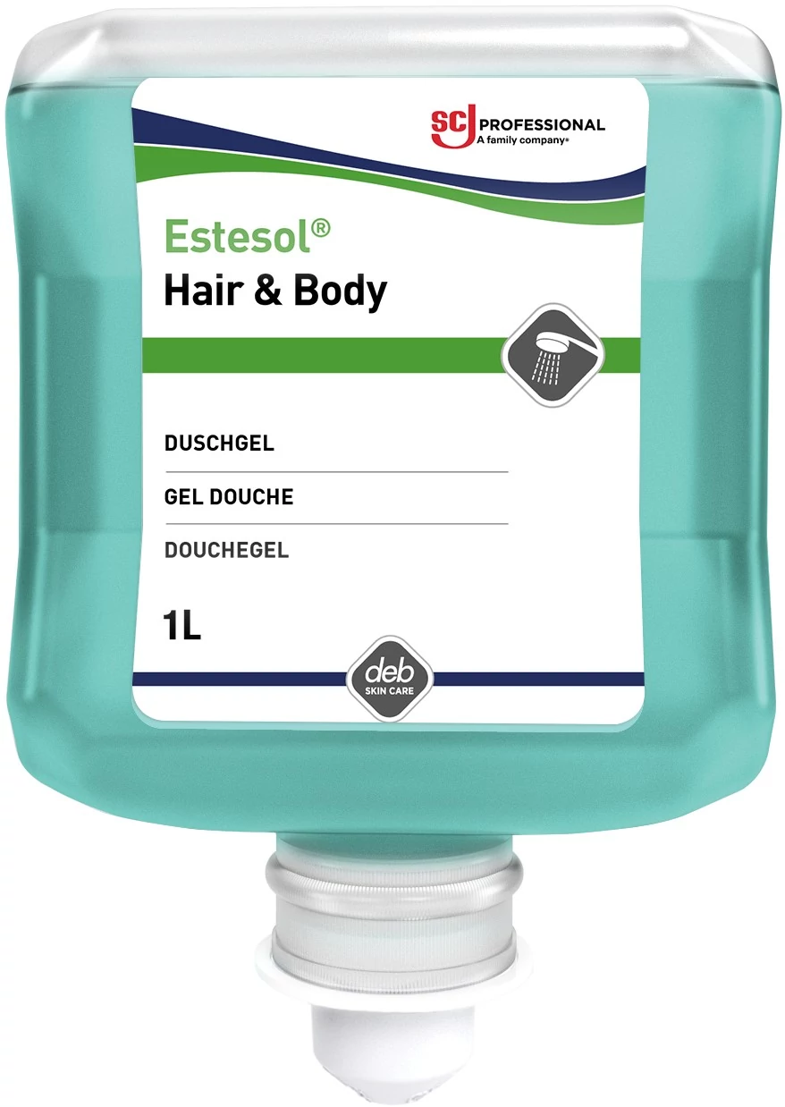 SCJP Estesol Hair - Body tusfürdő, sampon és kézmosó gél, férfias frissítő és élénkítő esőerdő illatú, mentakék, Proline manuális adagolóhoz, 1L patron