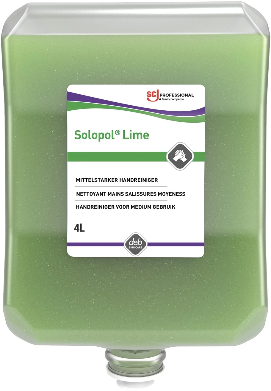 SCJP Solopol Lime Medium-Heavy Duty ipari kézmosó közepesen makacs olajos, zsíros szennyeződésekre, kukoricacsutka őrleménnyel, erős tisztítóhatás: 4/5, Heavy Duty adagolóhoz, 4L patron