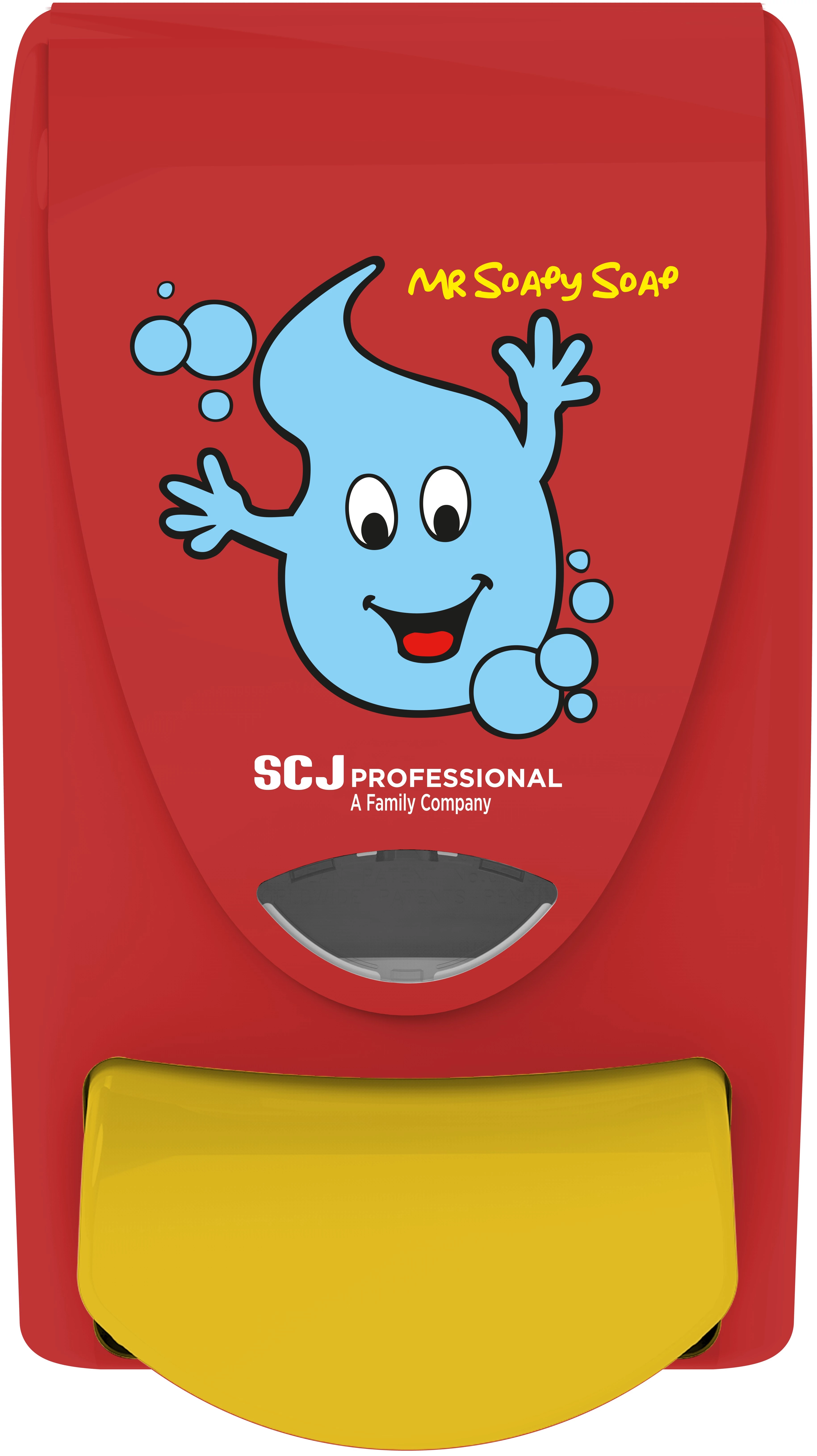 SCJP Proline nyomógombos szappanadagoló kézmosó patronokhoz Mr Soapy Soap grafikával óvodai és iskolai mosdókba, manuális, 1L, ABS műanyag, piros/citromsárga