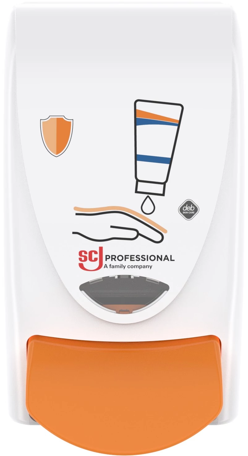 SCJP Proline Protect Hands munkavégzést megelőző kézvédő krém adagoló Stokoderm és Travabon patronokhoz, manuális, 1L, ABS műanyag, fehér/narancssárga