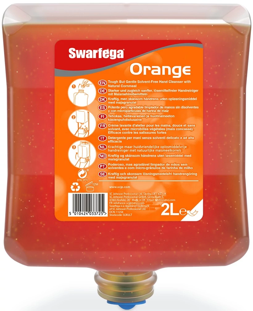 SCJP Swarfega Orange Heavy Duty ipari kézmosó közepesen makacs olajos, zsíros szennyeződésekre, kukoricacsutka őrleménnyel, narancs illat, erős tisztítóhatás: 4/5, Heavy Duty adagolóhoz, 2L patron