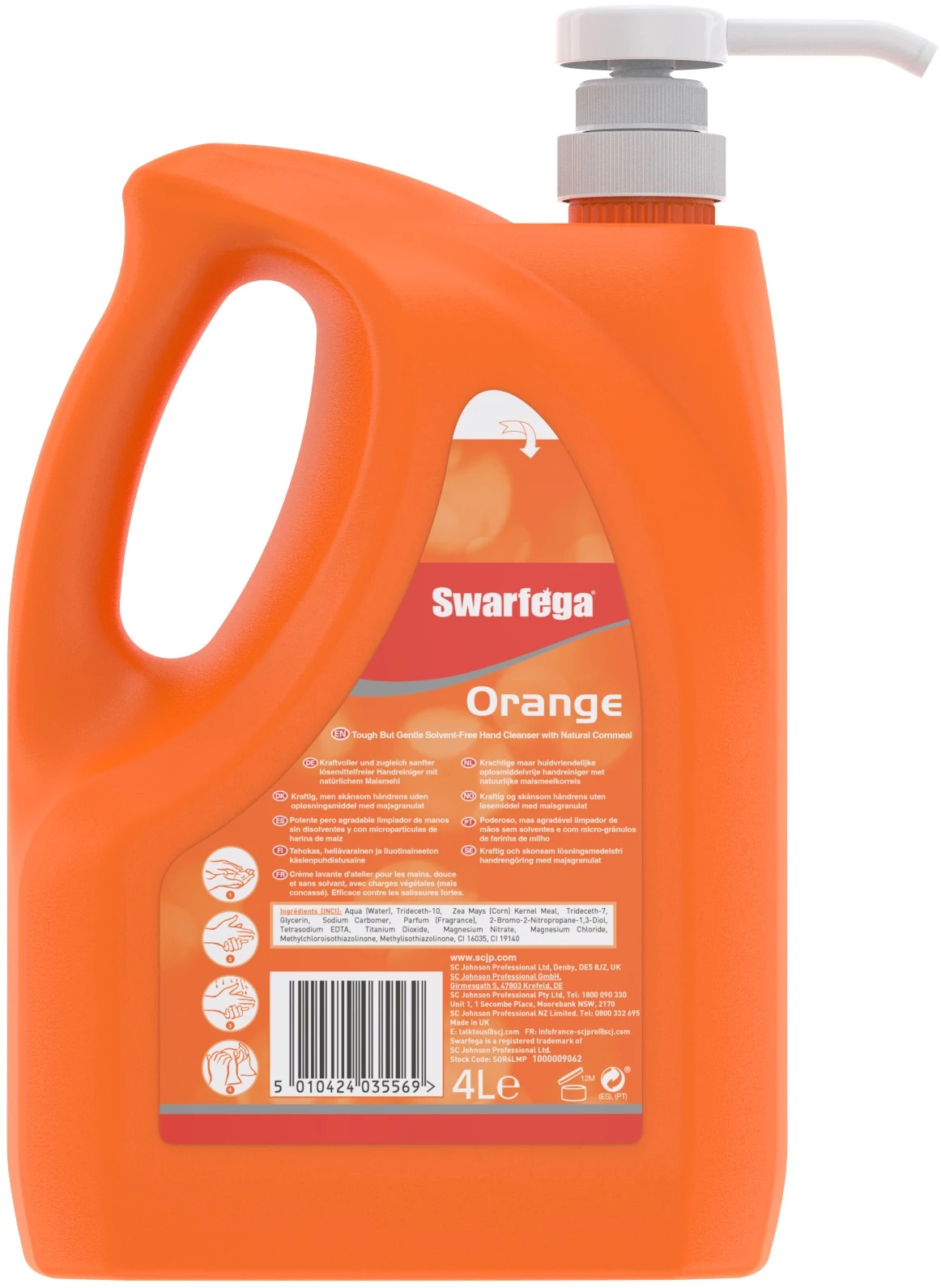 SCJP Swarfega Orange Heavy Duty ipari kézmosó közepesen makacs olajos, zsíros szennyeződésekre, kukoricacsutka őrleménnyel, narancs illat, erős tisztítóhatás: 4/5, 4L pumpás kanna