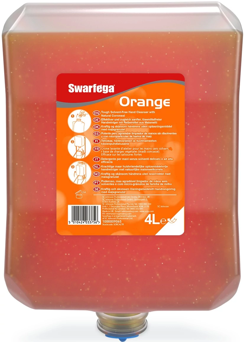 SCJP Swarfega Orange Heavy Duty ipari kézmosó közepesen makacs olajos, zsíros szennyeződésekre, kukoricacsutka őrleménnyel, narancs illat, erős tisztítóhatás: 4/5, Heavy Duty adagolóhoz, 4L patron