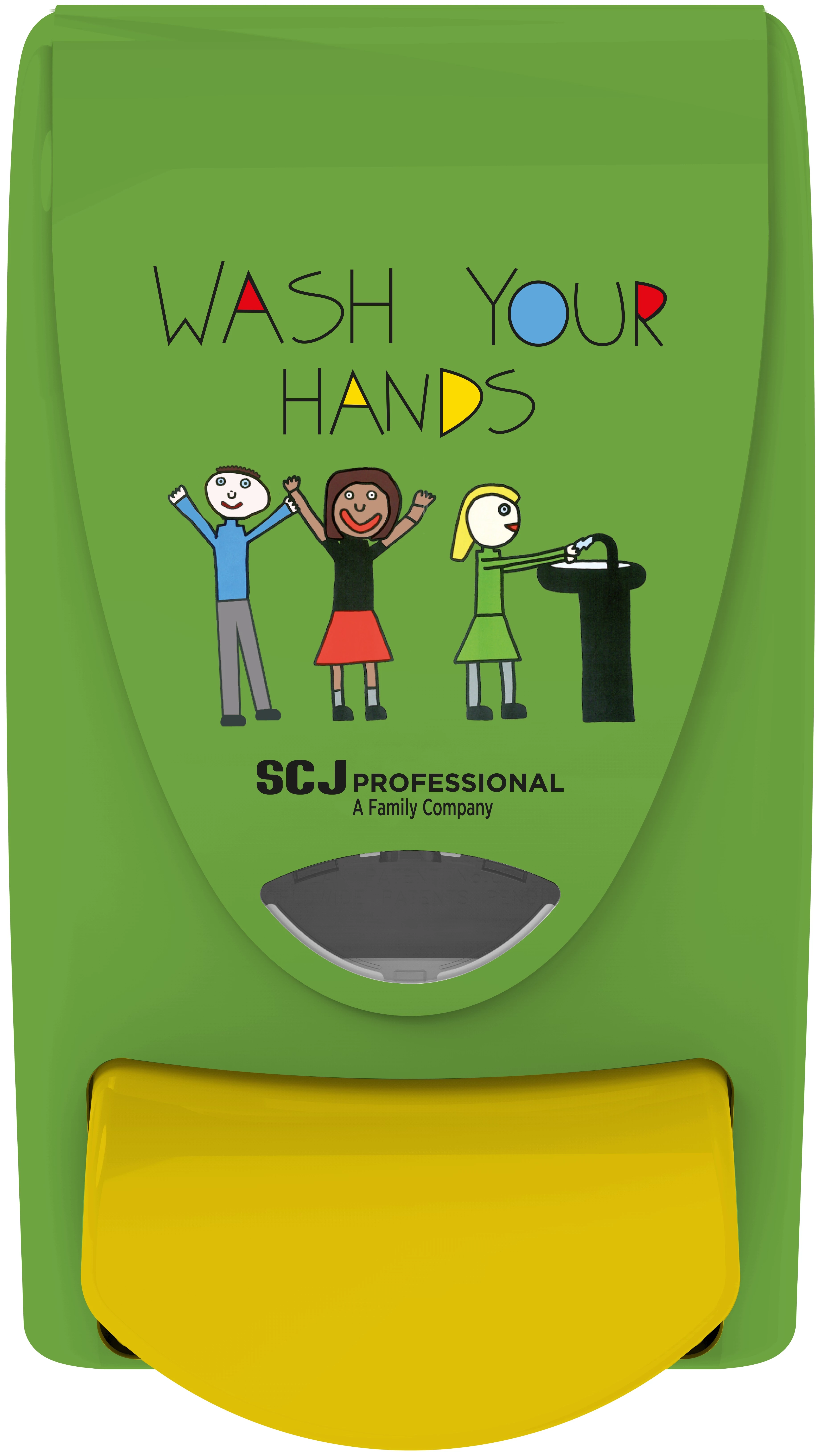 SCJP Proline nyomógombos szappanadagoló kézmosó patronokhoz Wash Your Hands grafikával óvodai és iskolai mosdókba, manuális, 1L, ABS műanyag, zöld/citromsárga