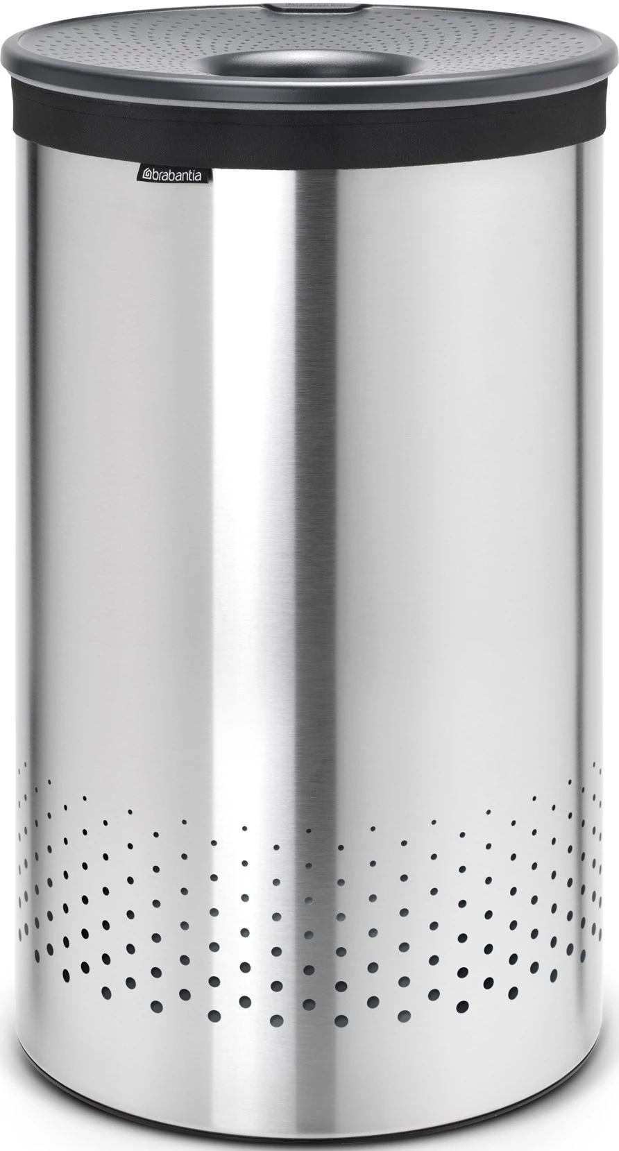 Brabantia Laundry Bin szennyestartó szellőző nyílásokkal, tépőzáras, mosható szennyesgyűjtő zsák, henger forma, nagy méret 60L, műanyag fedő, r.m. acél, selyem - 105166