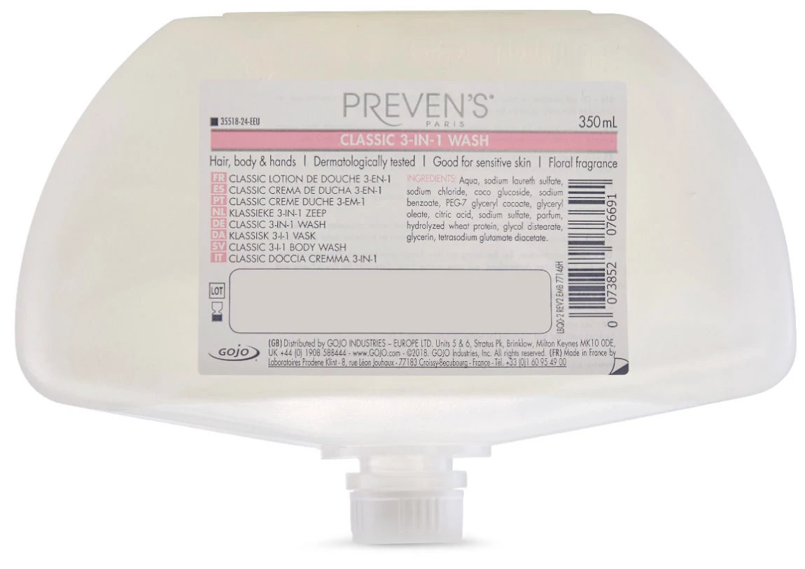 PREVEN'S PARIS Natural Classic 3 az 1-ben krém állagú tusfürdő, sampon és szappan utántöltő patron, 350 ml