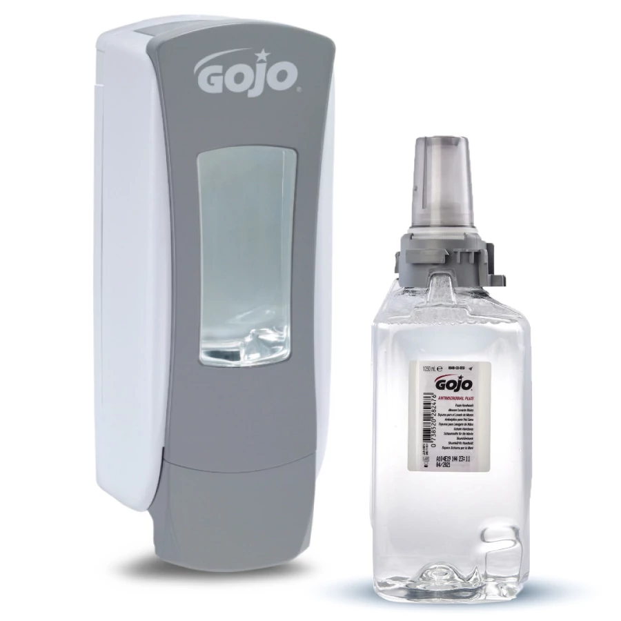 GOJO ADX-12 Starter kezdőcsomag D1 - 1db fehér/szürke ADX-12 nyomógombos adagoló + 1db Antimikrobiális Plus habszappan patron 1250ml
