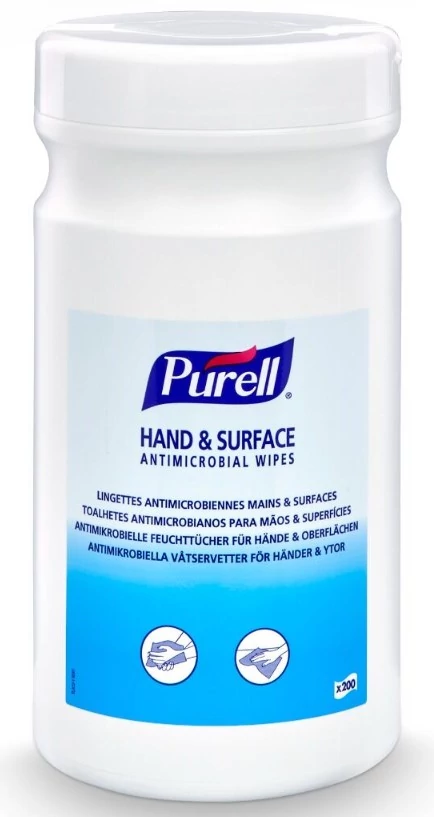 PURELL Hand & Surface Antimicrobial Wipes, 200x220mm kézfertőtlenítő és felületfertőtlenítő kendő, 200db/tégely